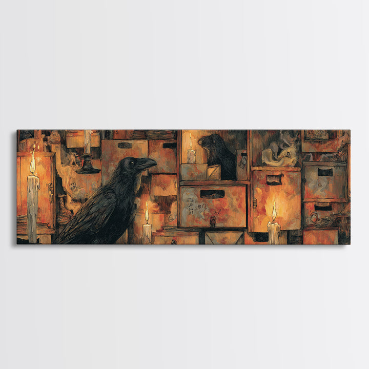The Raven Post Office, Expressionist Gothic Art, Extra Wide Wall Art, Macabre Wall Art, Framed Canvas Print, Halloween Wall Art