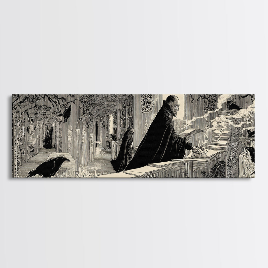 The Raven Post Office, Decadent Line Art, Extra Wide Wall Art, Macabre Wall Art, Framed Canvas Print, Halloween Wall Art