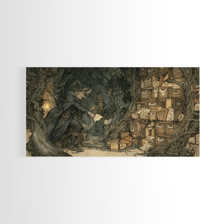 The Raven Post Office, Gothic Storybook Art, Wide Panoramic Art, Macabre Wall Art, Framed Canvas Print, Halloween Wall Art