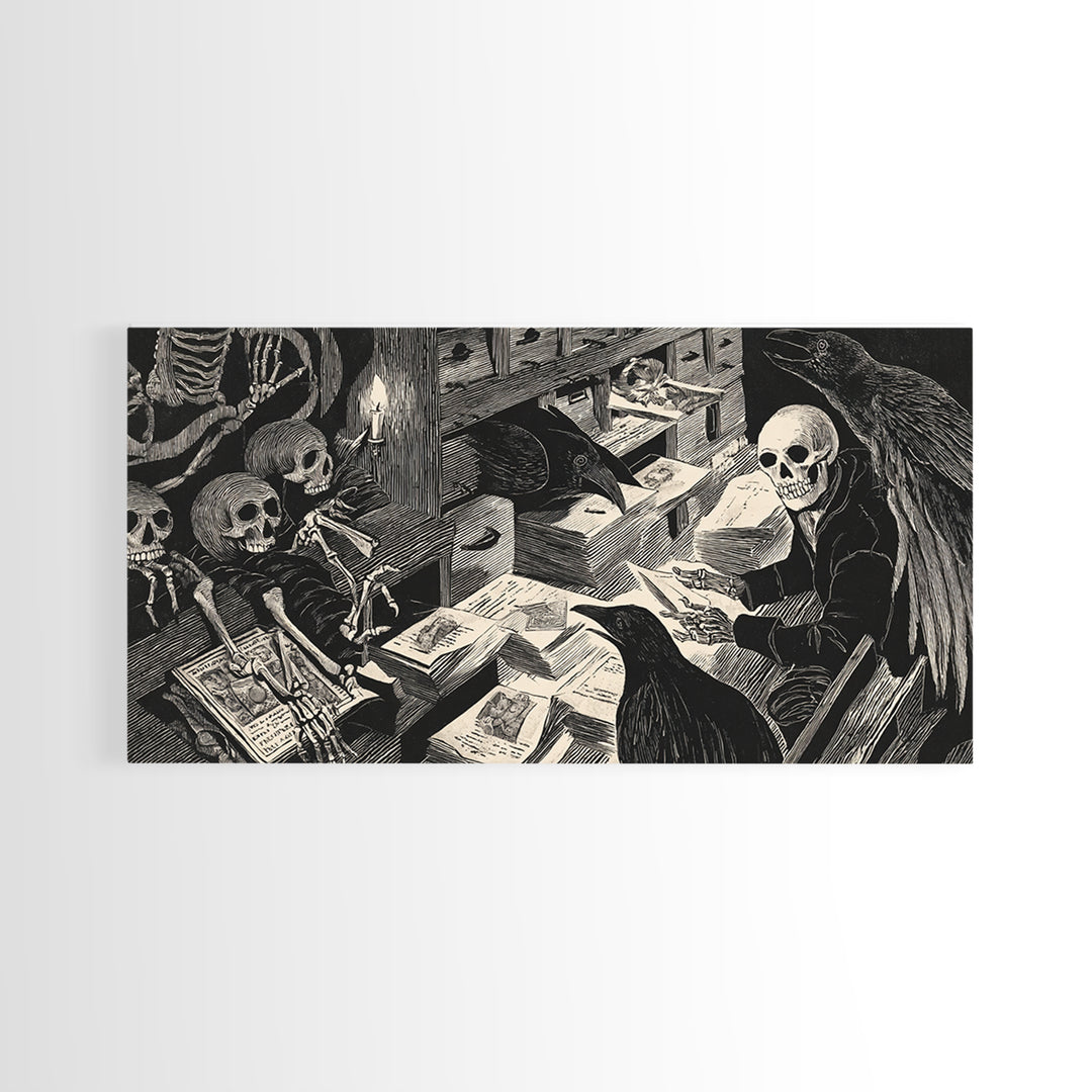 The Raven Post Office, Macabre Folk Print Art, Wide Panoramic Art, Gothic Horror Wall Art, Canvas Print, Halloween Wall Art