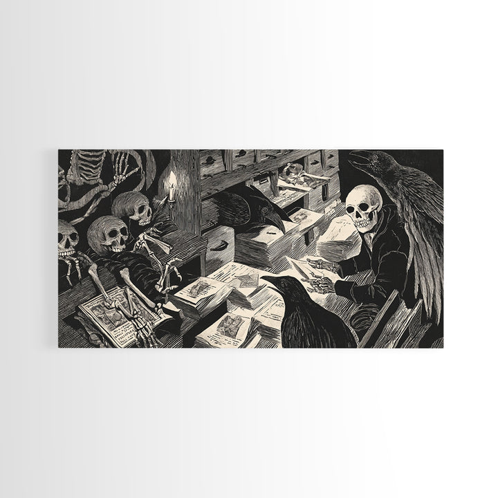 The Raven Post Office, Macabre Folk Print Art, Wide Panoramic Art, Gothic Horror Wall Art, Canvas Print, Halloween Wall Art