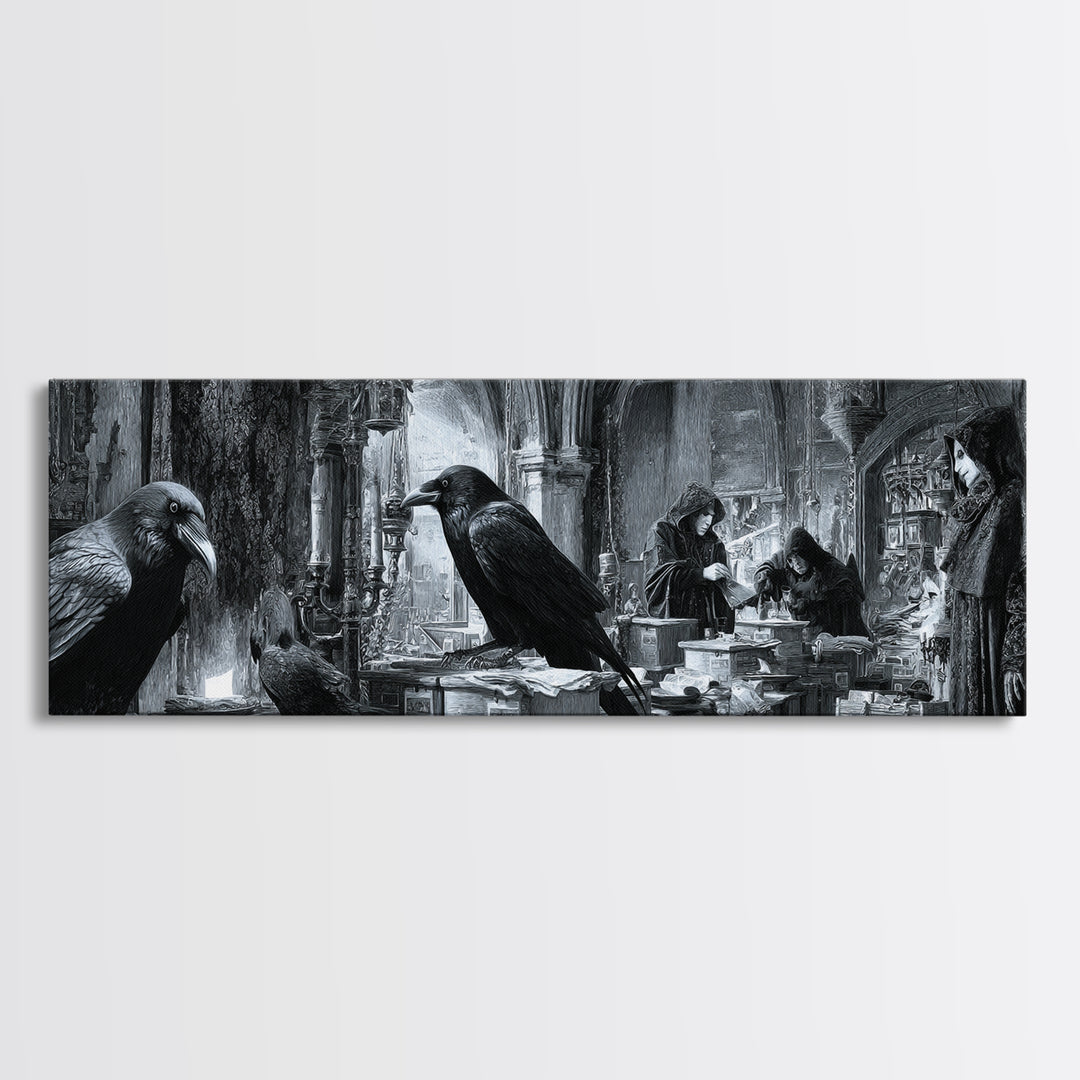 The Raven Post Office, Biomechanical Horror Art, Extra Wide Wall Art, Dark Halloween Decor, Framed Canvas Print, Halloween Wall Art
