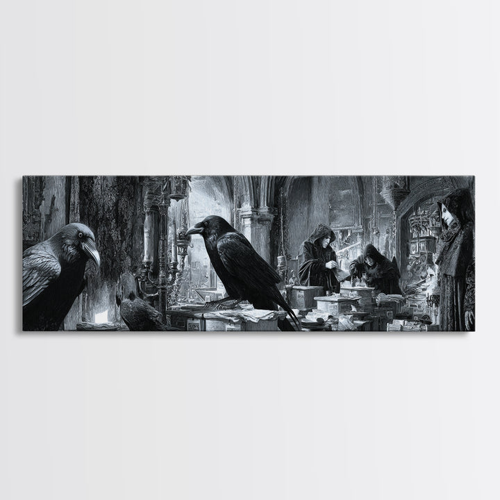 The Raven Post Office, Biomechanical Horror Art, Extra Wide Wall Art, Dark Halloween Decor, Framed Canvas Print, Halloween Wall Art