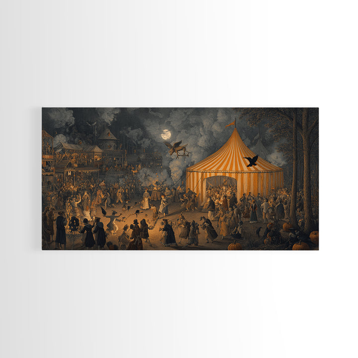 The Jack-O'-Lantern Circus, Northern Renaissance Horror, Wide Panoramic Art, Gothic Horror Wall Art, Canvas Print