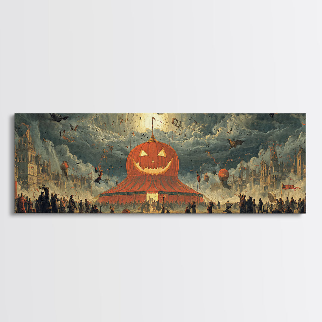 The Jack-O'-Lantern Circus, Apocalyptic Romantic Art, Extra Wide Wall Art, Macabre Wall Art, Canvas Print, Halloween Wall Art