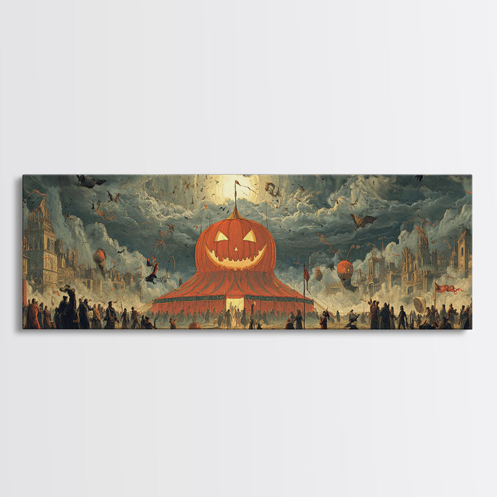 The Jack-O'-Lantern Circus, Apocalyptic Romantic Art, Extra Wide Wall Art, Macabre Wall Art, Canvas Print, Halloween Wall Art
