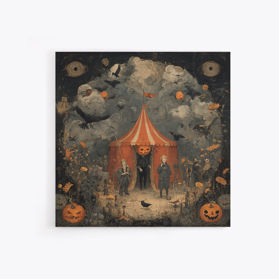 The Jack-O'-Lantern Circus, Symbolist Dream Art, Square Wall Art, Dark Halloween Decor, Framed Canvas Print, Halloween Wall Art