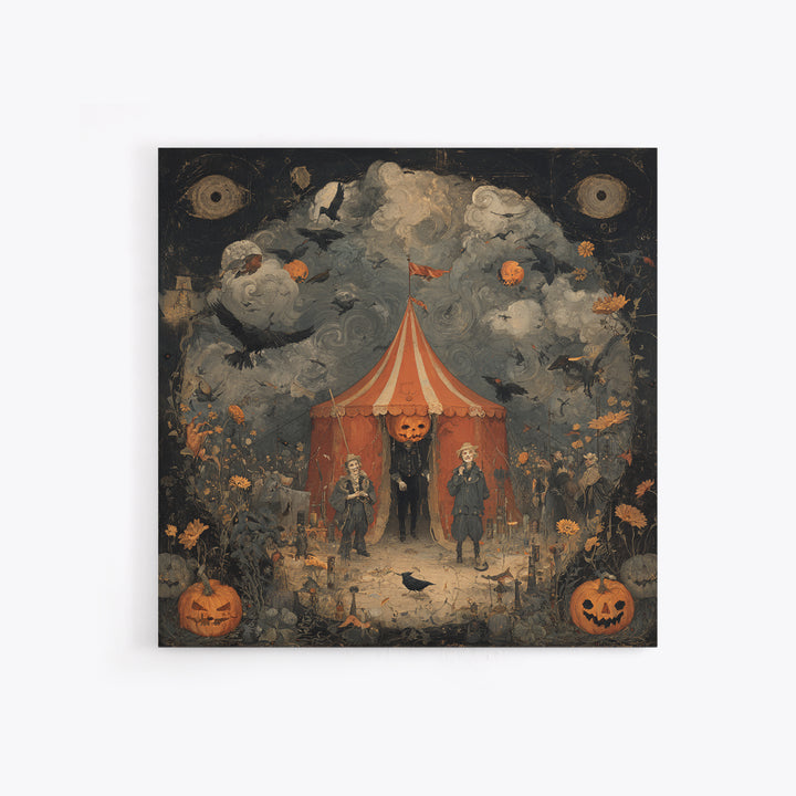 The Jack-O'-Lantern Circus, Symbolist Dream Art, Square Wall Art, Dark Halloween Decor, Framed Canvas Print, Halloween Wall Art
