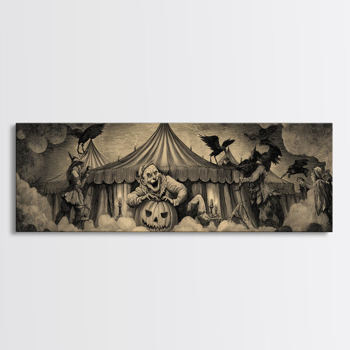 The Jack-O'-Lantern Circus, Expressionist Nightmare Art, Extra Wide Wall Art, Dark Halloween Decor, Framed Canvas Print, Halloween Wall Art