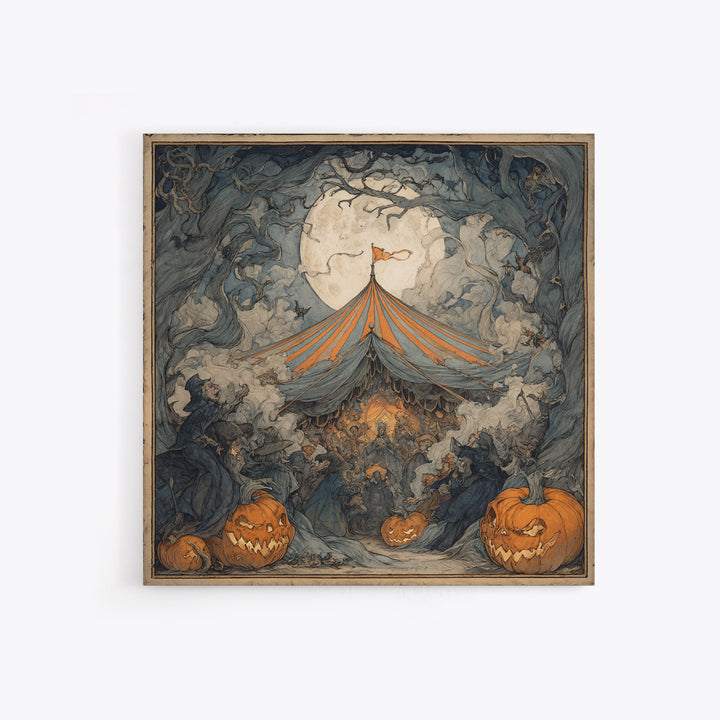 The Jack-O'-Lantern Circus, Gothic Storybook Art, Square Wall Art, Dark Halloween Decor, Framed Canvas Print, Halloween Wall Art