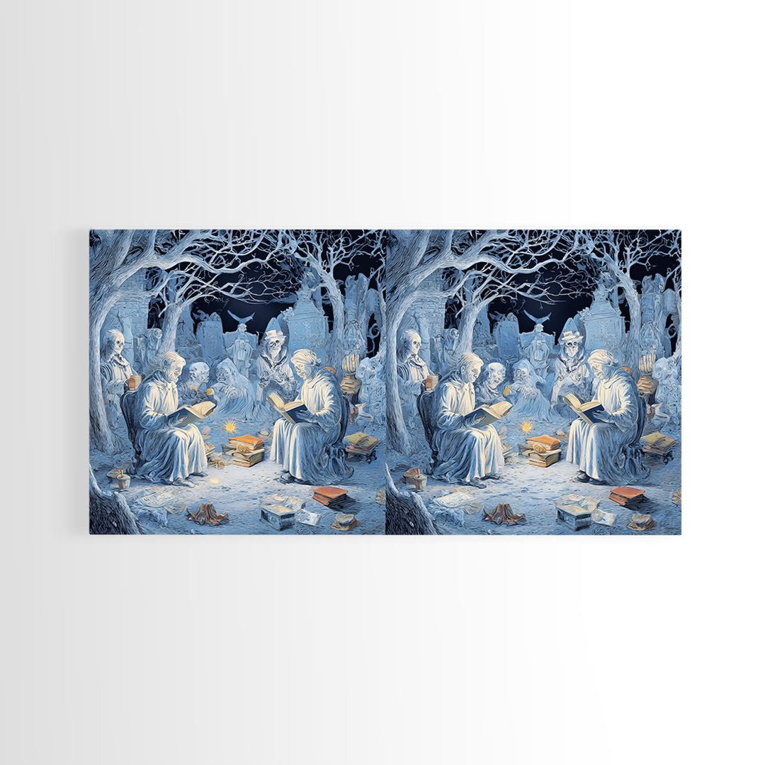 The Graveyard Book Club, Northern Renaissance Horror, Wide Panoramic Art, Macabre Wall Art, Framed Canvas Print