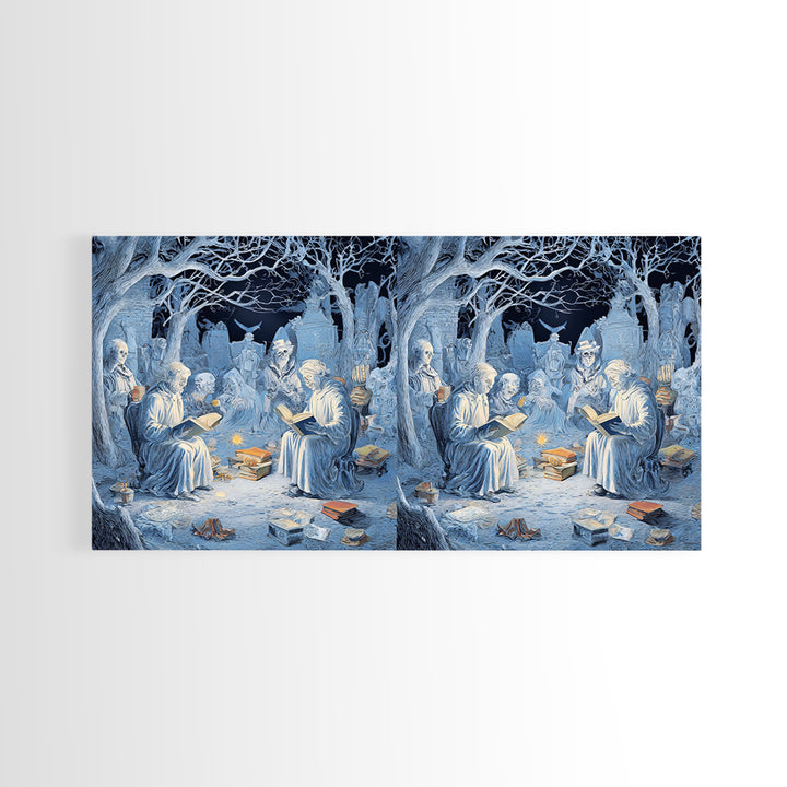 The Graveyard Book Club, Northern Renaissance Horror, Wide Panoramic Art, Macabre Wall Art, Framed Canvas Print