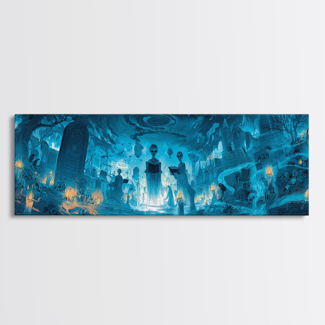 The Graveyard Book Club, Apocalyptic Romantic Art, Extra Wide Wall Art, Dark Halloween Decor, Framed Canvas Print, Halloween Wall Art