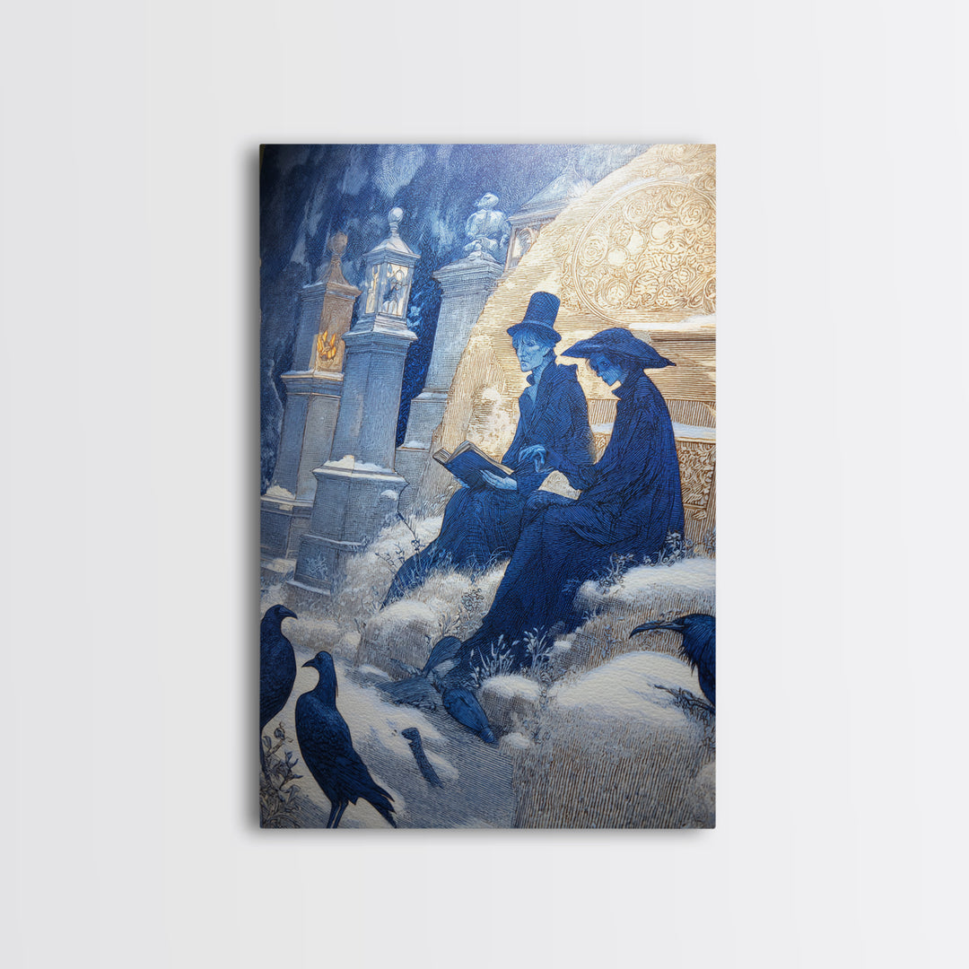 The Graveyard Book Club, Symbolist Death Art, Vertical Wall Art, Macabre Wall Art, Framed Canvas Print, Halloween Wall Art