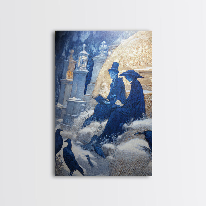The Graveyard Book Club, Symbolist Death Art, Vertical Wall Art, Macabre Wall Art, Framed Canvas Print, Halloween Wall Art