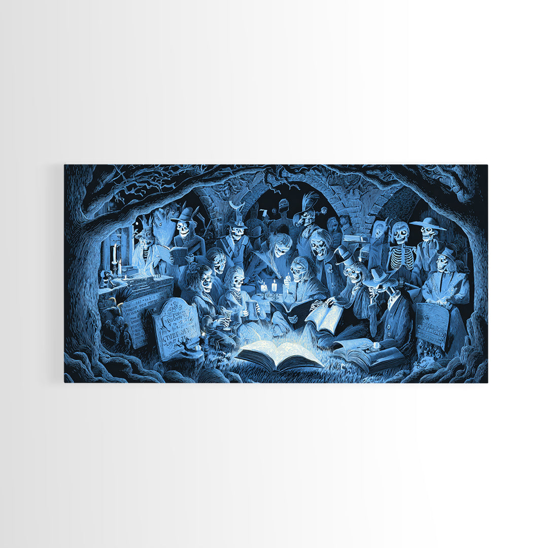 The Graveyard Book Club, Macabre Folk Print Art, Wide Panoramic Art, Macabre Wall Art, Canvas Print, Halloween Wall Art