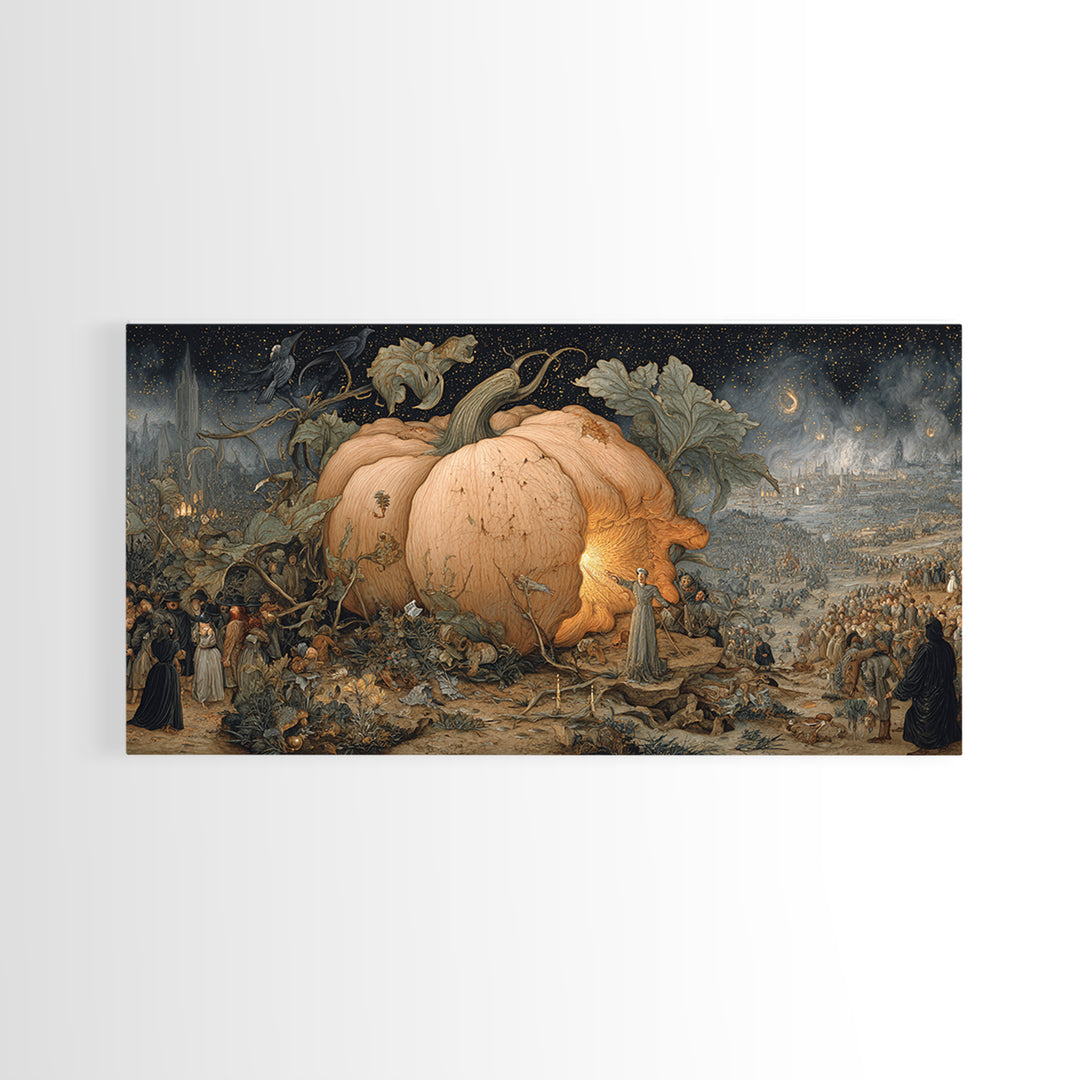 The Cosmic Pumpkin God, Northern Renaissance Horror, Wide Panoramic Art, Dark Fantasy Wall Art, Canvas Print, Halloween Wall Art
