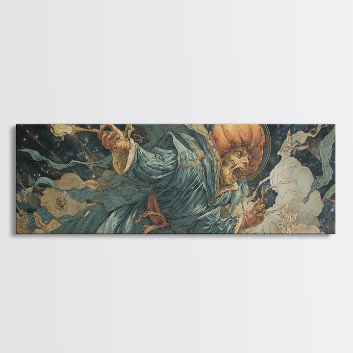 The Cosmic Pumpkin God, Dark Renaissance Art, Extra Wide Wall Art, Macabre Wall Art, Framed Canvas Print, Halloween Wall Art