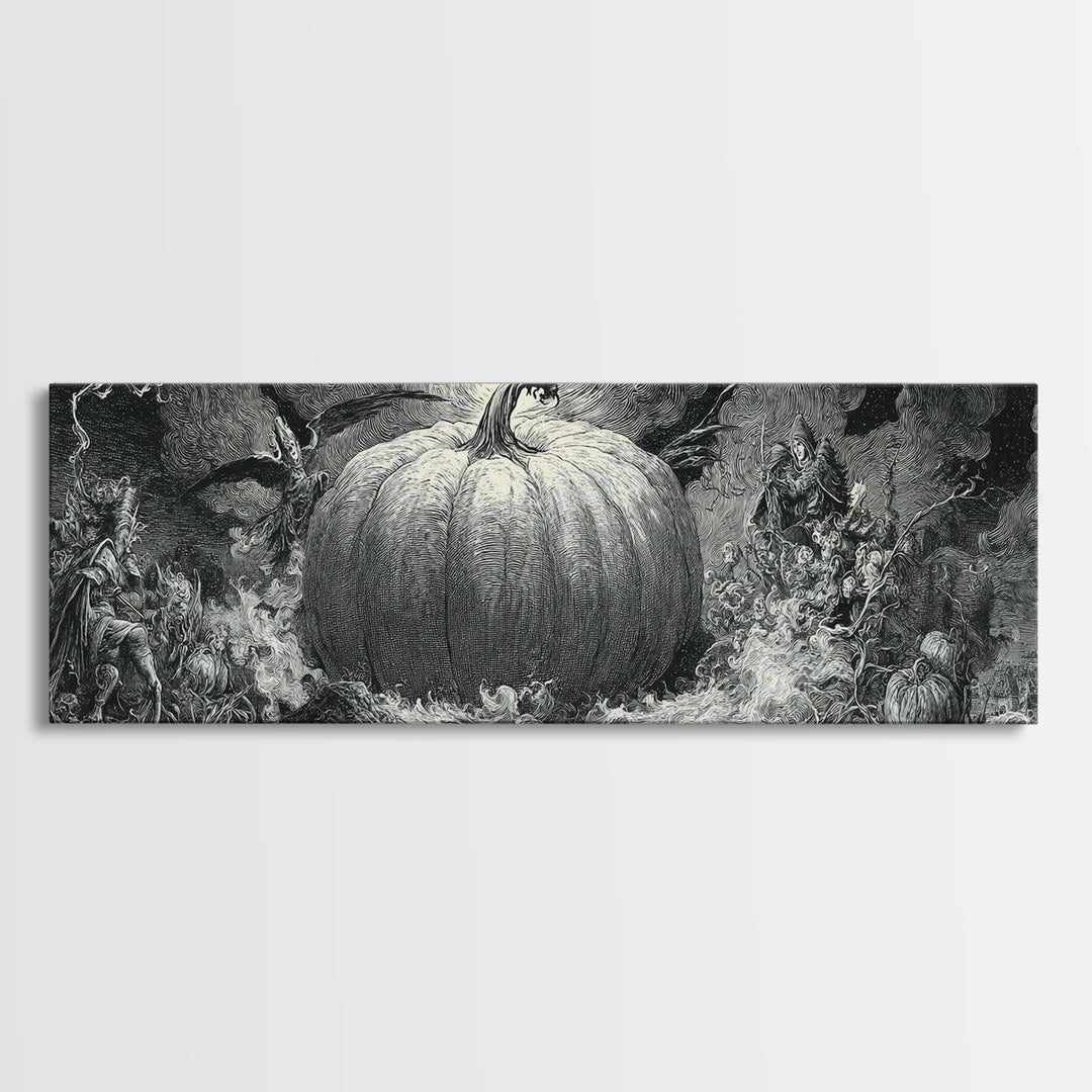 The Cosmic Pumpkin God, Renaissance Engraving Art, Extra Wide Wall Art, Macabre Wall Art, Framed Canvas Print, Halloween Wall Art