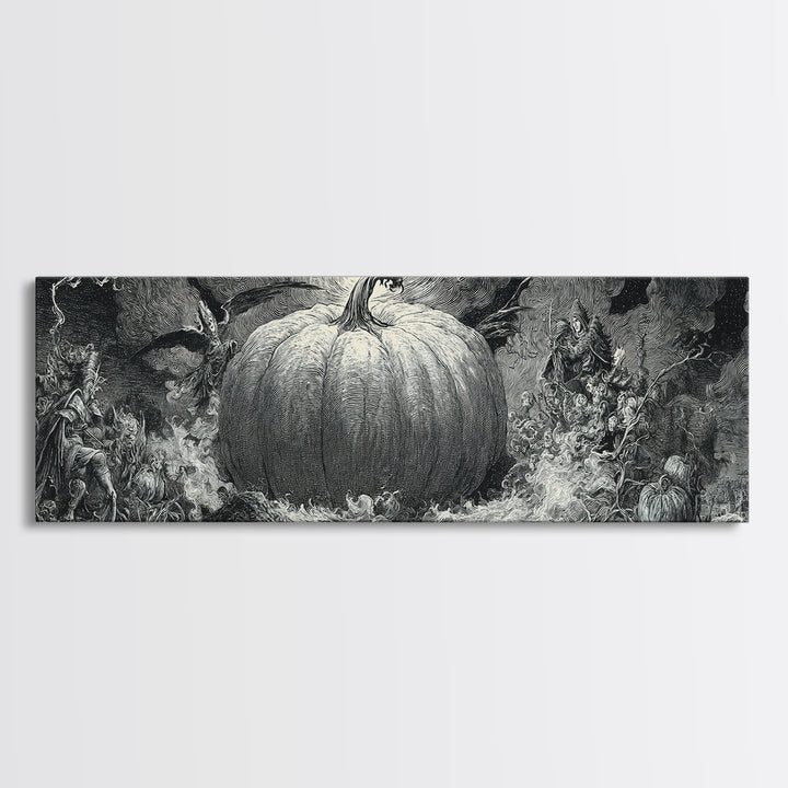 The Cosmic Pumpkin God, Renaissance Engraving Art, Extra Wide Wall Art, Macabre Wall Art, Framed Canvas Print, Halloween Wall Art