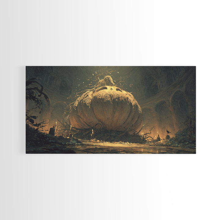 The Cosmic Pumpkin God, Dark Romantic Horror Art, Wide Panoramic Art, Gothic Horror Wall Art, Framed Canvas Print, Halloween Wall Art