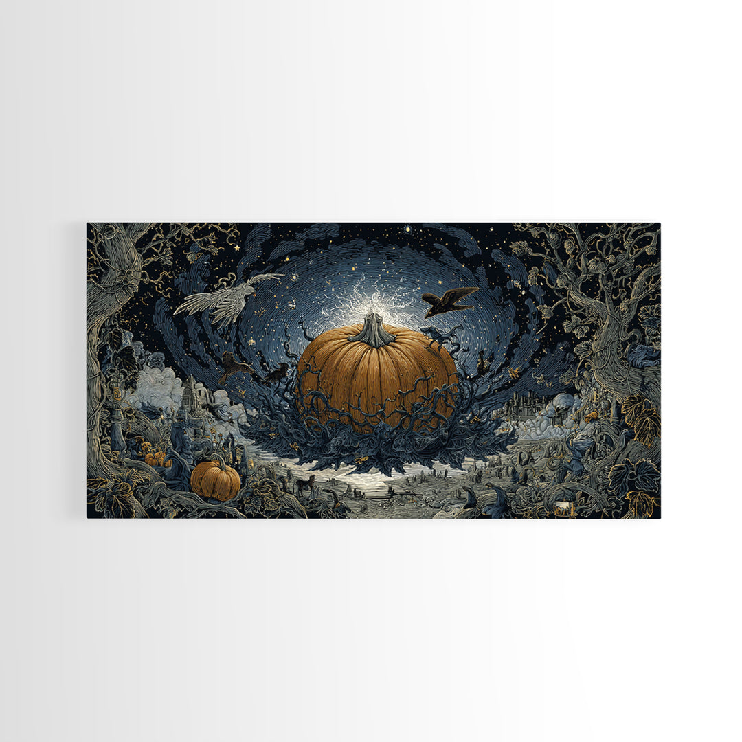 The Cosmic Pumpkin God, Romantic Gothic Landscape, Wide Panoramic Art, Macabre Wall Art, Framed Canvas Print, Halloween Wall Art