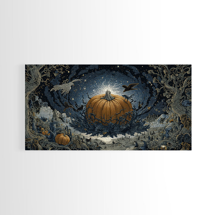 The Cosmic Pumpkin God, Romantic Gothic Landscape, Wide Panoramic Art, Macabre Wall Art, Framed Canvas Print, Halloween Wall Art