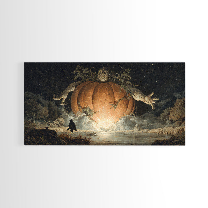 The Cosmic Pumpkin God, Symbolist Gothic Landscape, Wide Panoramic Art, Dark Halloween Decor, Canvas Print, Halloween Wall Art