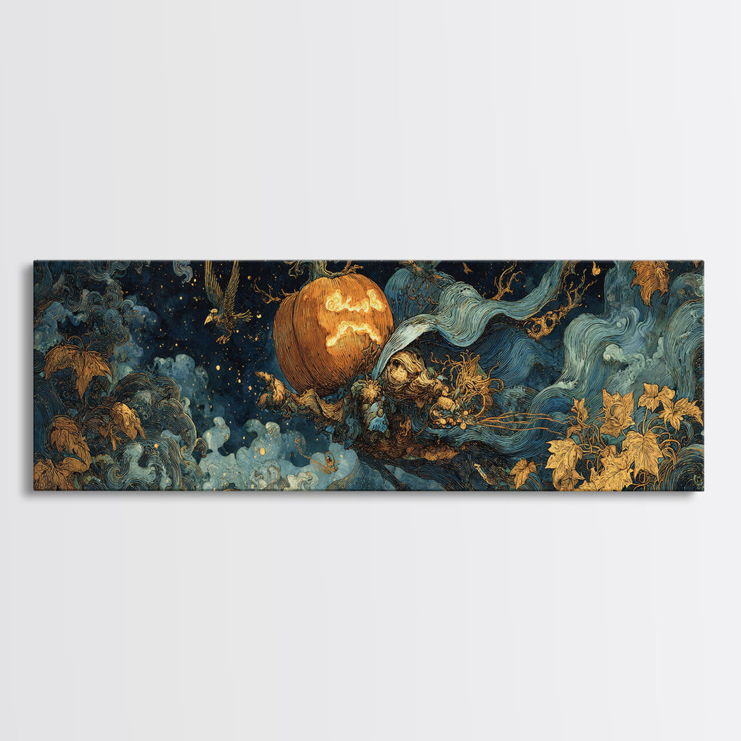 The Cosmic Pumpkin God, Ornate Symbolist Art, Extra Wide Wall Art, Gothic Horror Wall Art, Canvas Print, Halloween Wall Art