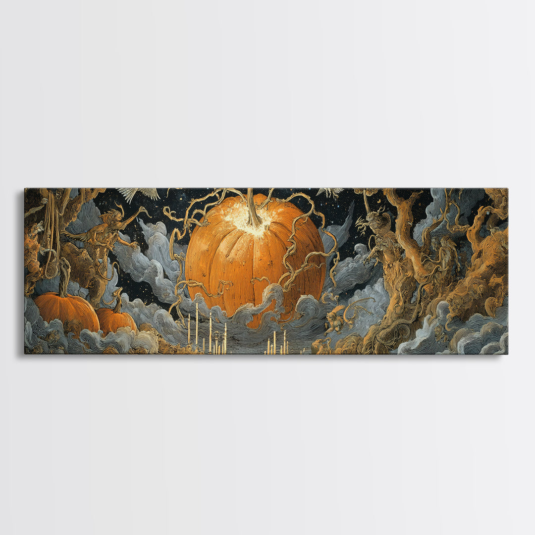 The Cosmic Pumpkin God, Symbolist Etching Art, Extra Wide Wall Art, Dark Halloween Decor, Framed Canvas Print, Halloween Wall Art