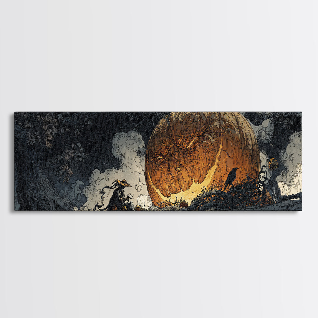 The Cosmic Pumpkin God, Gothic Storybook Art, Extra Wide Wall Art, Dark Fantasy Wall Art, Framed Canvas Print, Halloween Wall Art