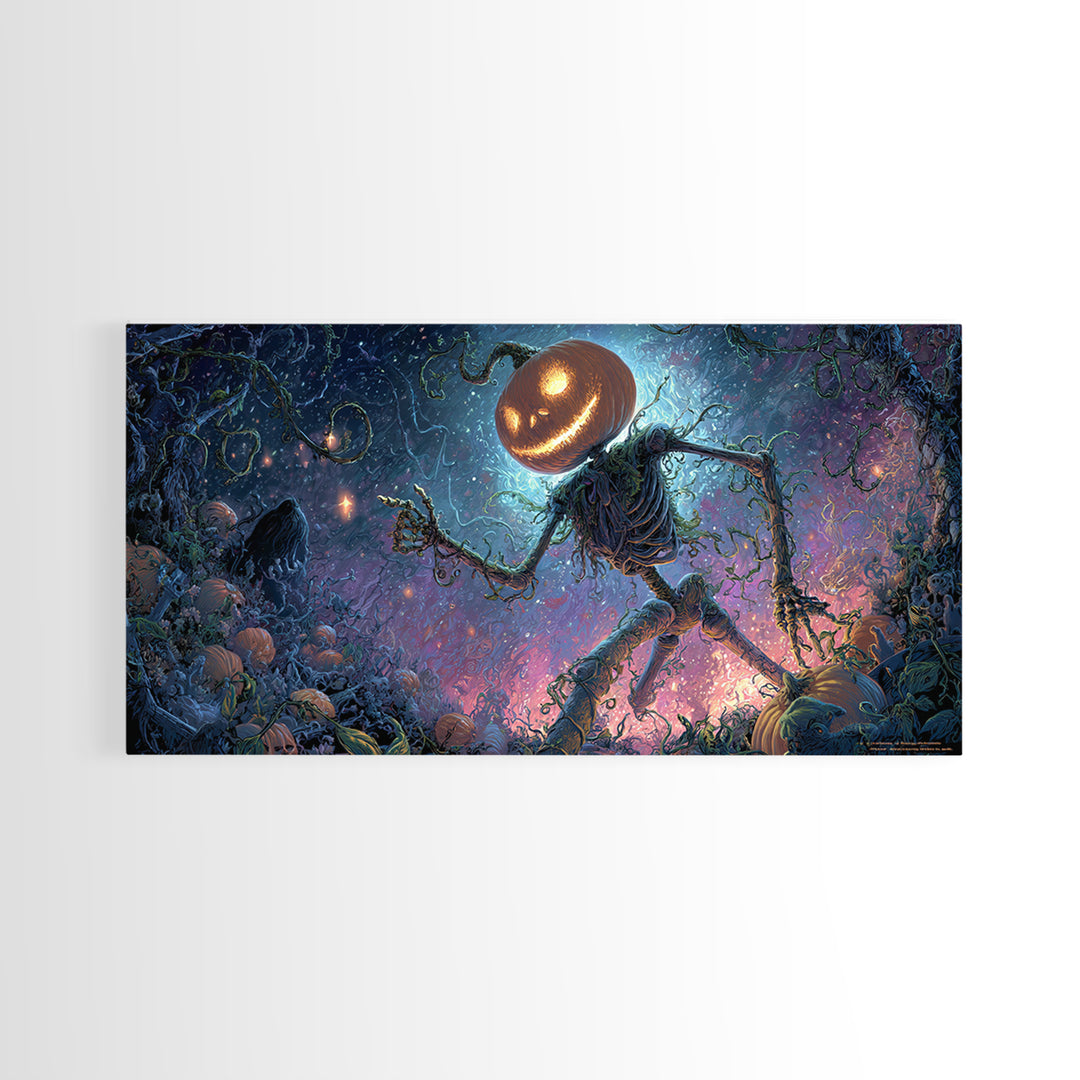 The Cosmic Pumpkin God, Macabre Folk Print Art, Wide Panoramic Art, Macabre Wall Art, Framed Canvas Print, Halloween Wall Art