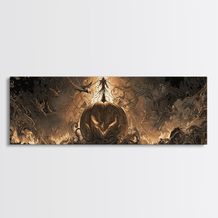 The Cosmic Pumpkin God, Biomechanical Horror Art, Extra Wide Wall Art, Dark Fantasy Wall Art, Canvas Print, Halloween Wall Art