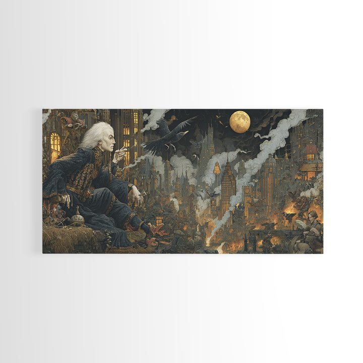 The Haunted City Skyline, Medieval Grotesque Art, Wide Panoramic Art, Dark Halloween Decor, Canvas Print, Halloween Wall Art