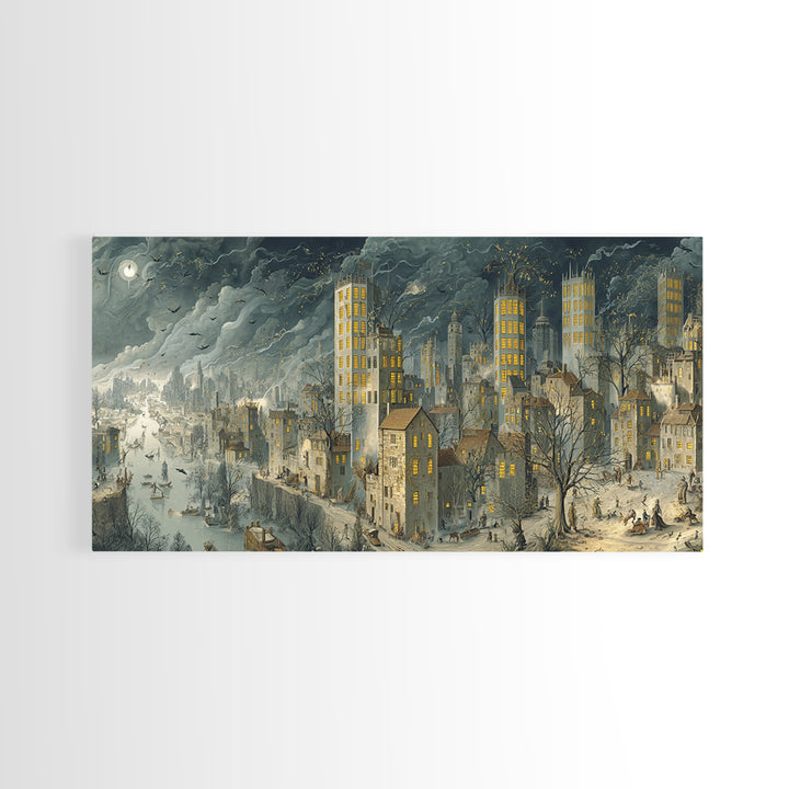The Haunted City Skyline, Northern Renaissance Horror, Wide Panoramic Art, Gothic Horror Wall Art, Framed Canvas Print