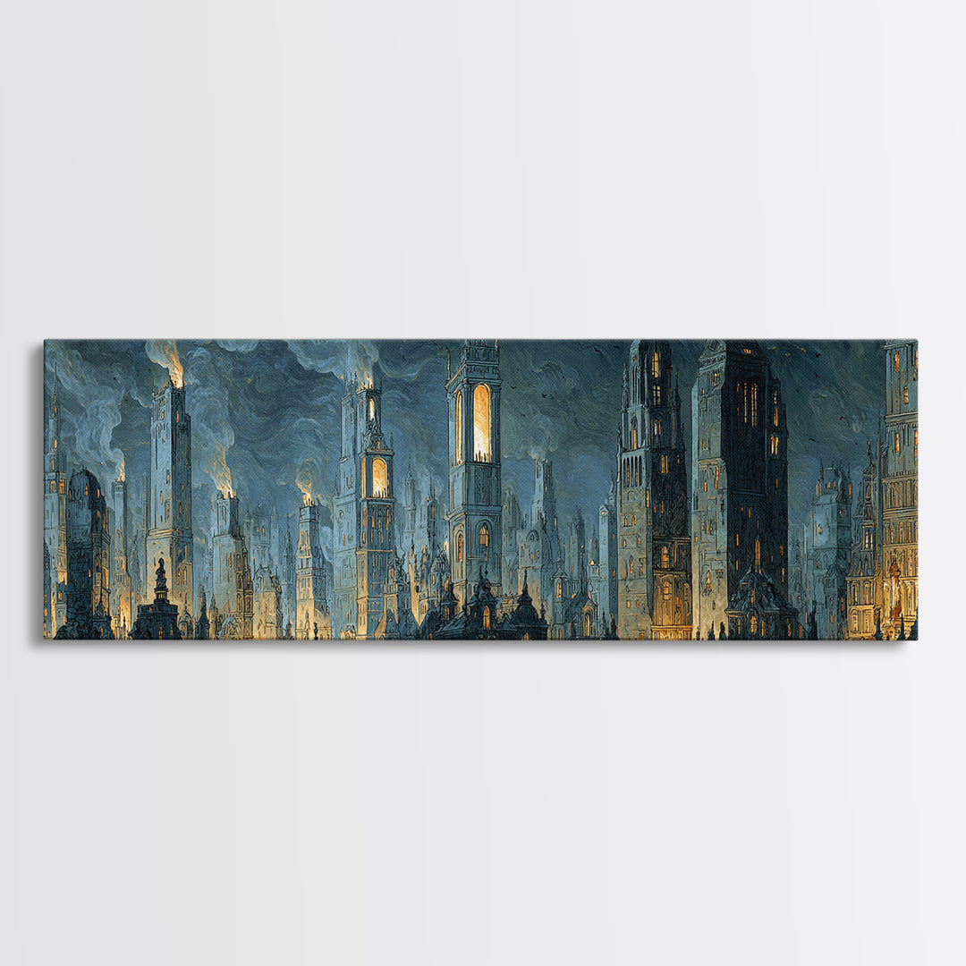 The Haunted City Skyline, Danse Macabre Art, Extra Wide Wall Art, Dark Halloween Decor, Canvas Print, Halloween Wall Art