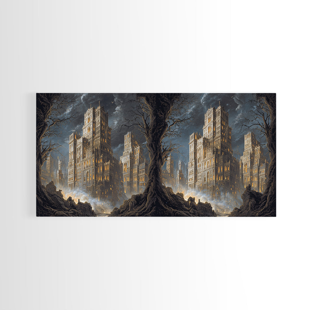 The Haunted City Skyline, Baroque Witchcraft Art, Wide Panoramic Art, Macabre Wall Art, Canvas Print, Halloween Wall Art