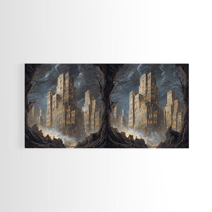 The Haunted City Skyline, Baroque Witchcraft Art, Wide Panoramic Art, Macabre Wall Art, Canvas Print, Halloween Wall Art