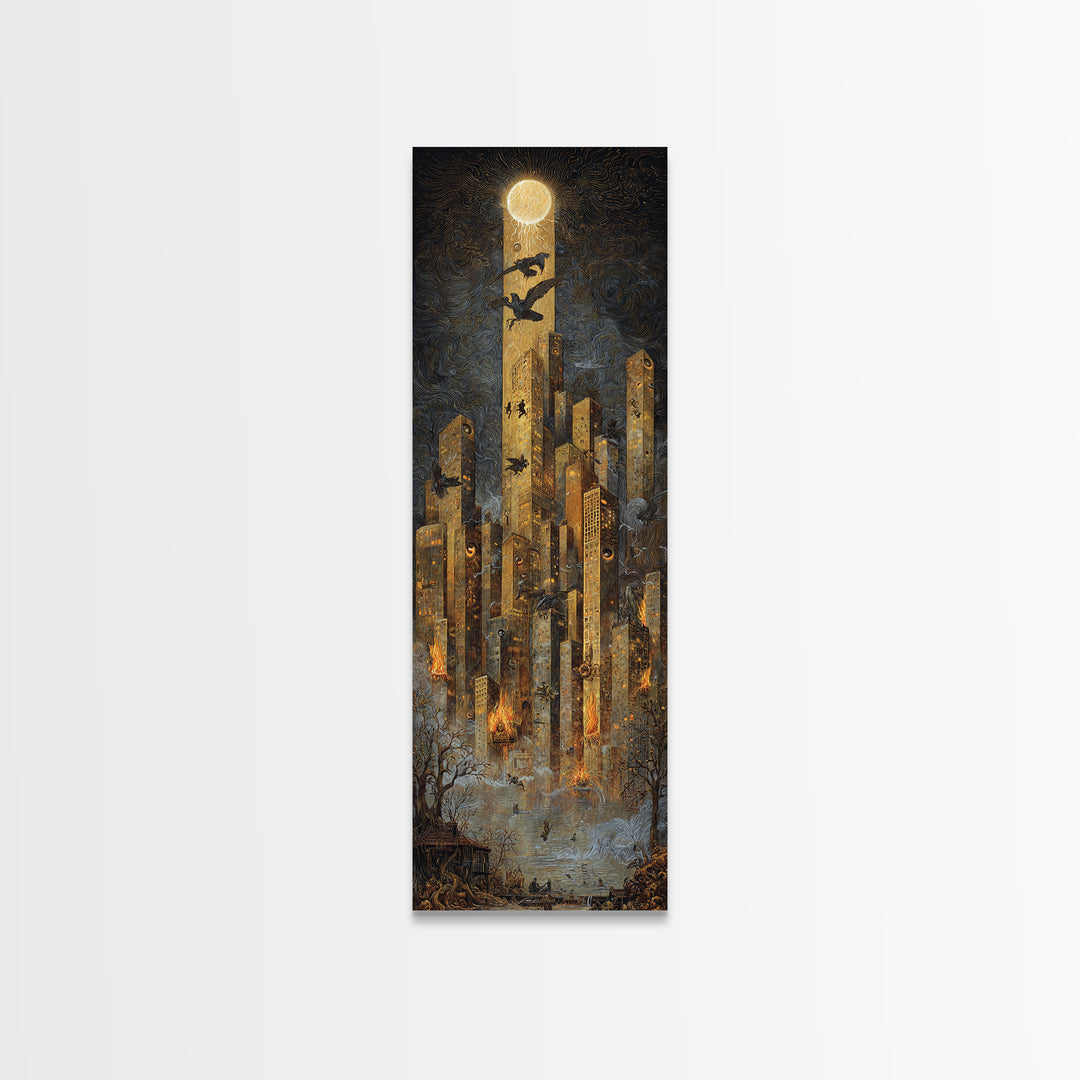 The Haunted City Skyline, Visionary Gothic Art, Tall Narrow Wall Art, Macabre Wall Art, Framed Canvas Print, Halloween Wall Art