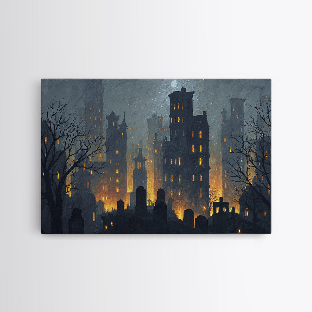 The Haunted City Skyline, Romantic Gothic Landscape, Landscape Wall Art, Dark Fantasy Wall Art, Framed Canvas Print