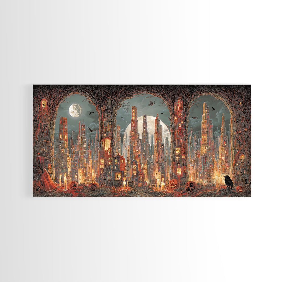 The Haunted City Skyline, Apocalyptic Romantic Art, Wide Panoramic Art, Macabre Wall Art, Canvas Print, Halloween Wall Art