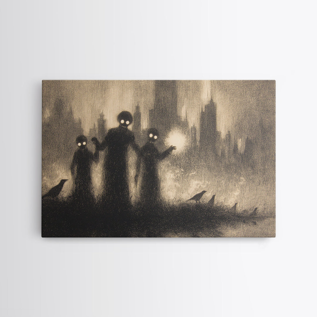 The Haunted City Skyline, Symbolist Dream Art, Landscape Wall Art, Dark Halloween Decor, Framed Canvas Print, Halloween Wall Art