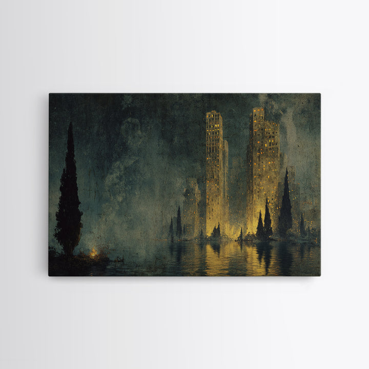 The Haunted City Skyline, Symbolist Gothic Landscape, Landscape Wall Art, Dark Fantasy Wall Art, Canvas Print, Halloween Wall Art