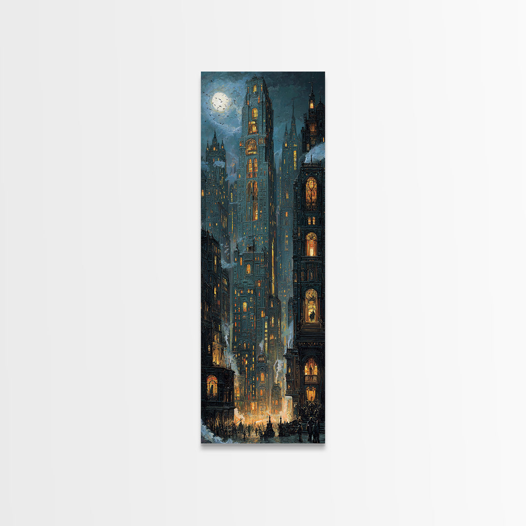 The Haunted City Skyline, Ornate Symbolist Art, Tall Narrow Wall Art, Gothic Horror Wall Art, Framed Canvas Print, Halloween Wall Art