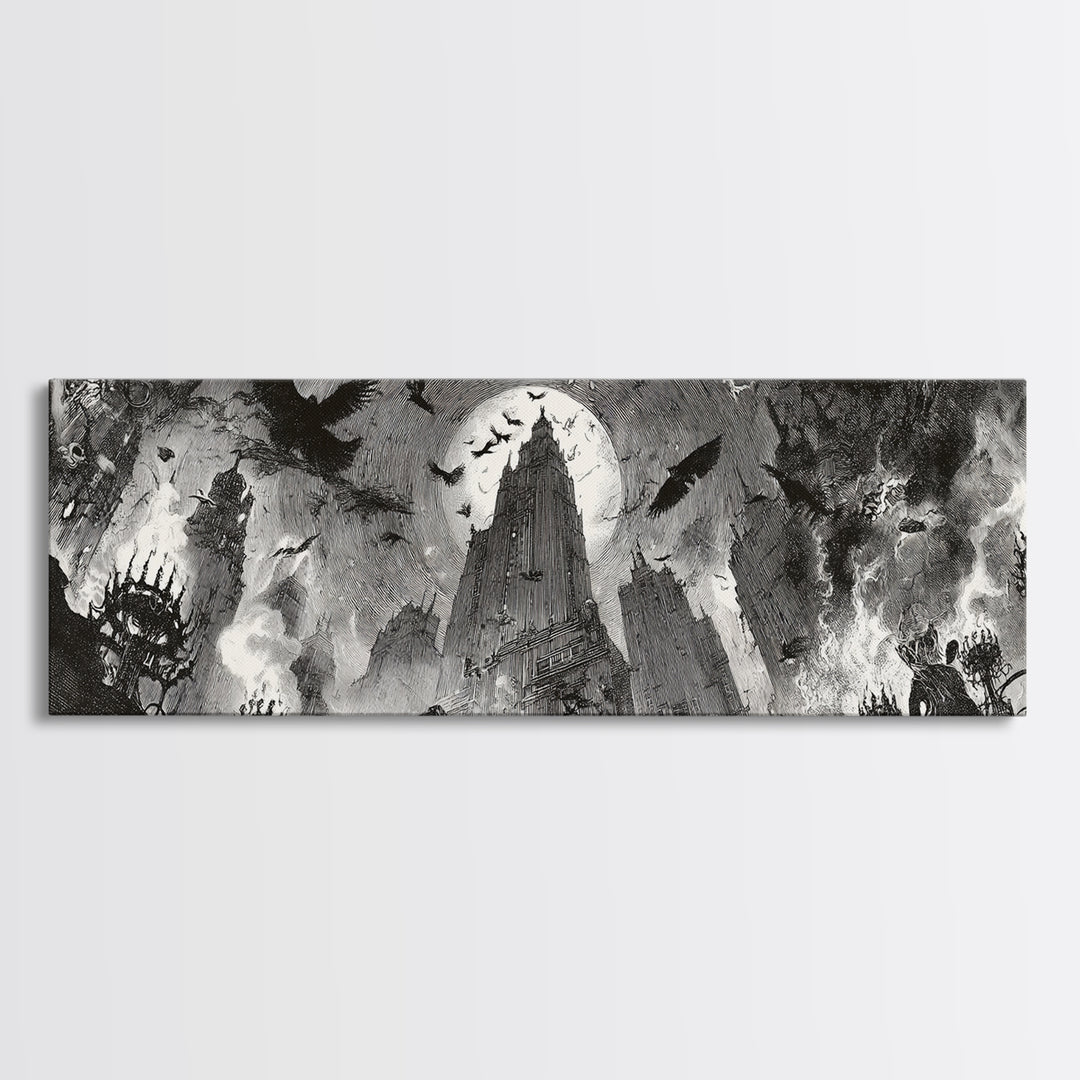 The Haunted City Skyline, Decadent Gothic Art, Extra Wide Wall Art, Macabre Wall Art, Canvas Print, Halloween Wall Art
