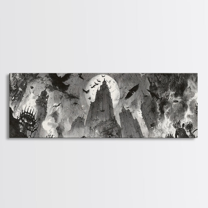 The Haunted City Skyline, Decadent Gothic Art, Extra Wide Wall Art, Macabre Wall Art, Canvas Print, Halloween Wall Art