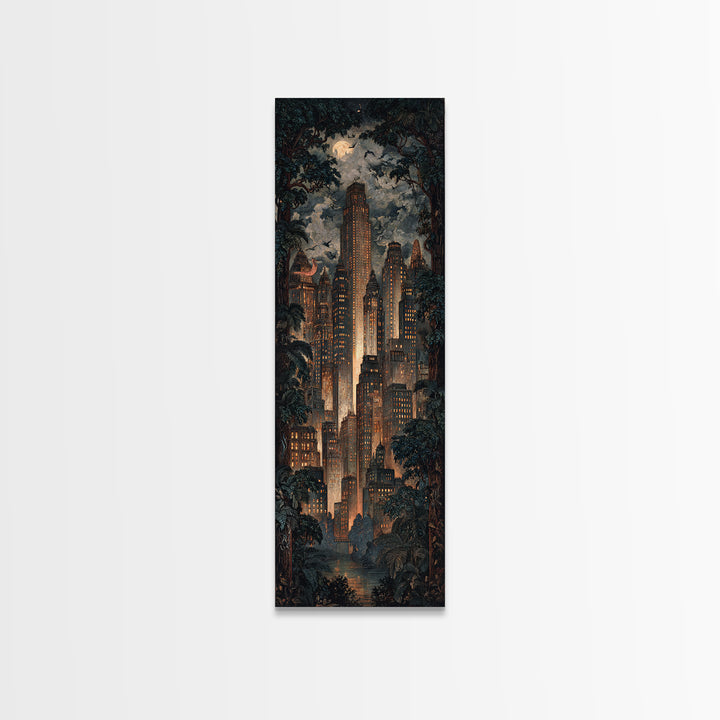 The Haunted City Skyline, Dark Symbolist Art, Tall Narrow Wall Art, Dark Fantasy Wall Art, Framed Canvas Print, Halloween Wall Art