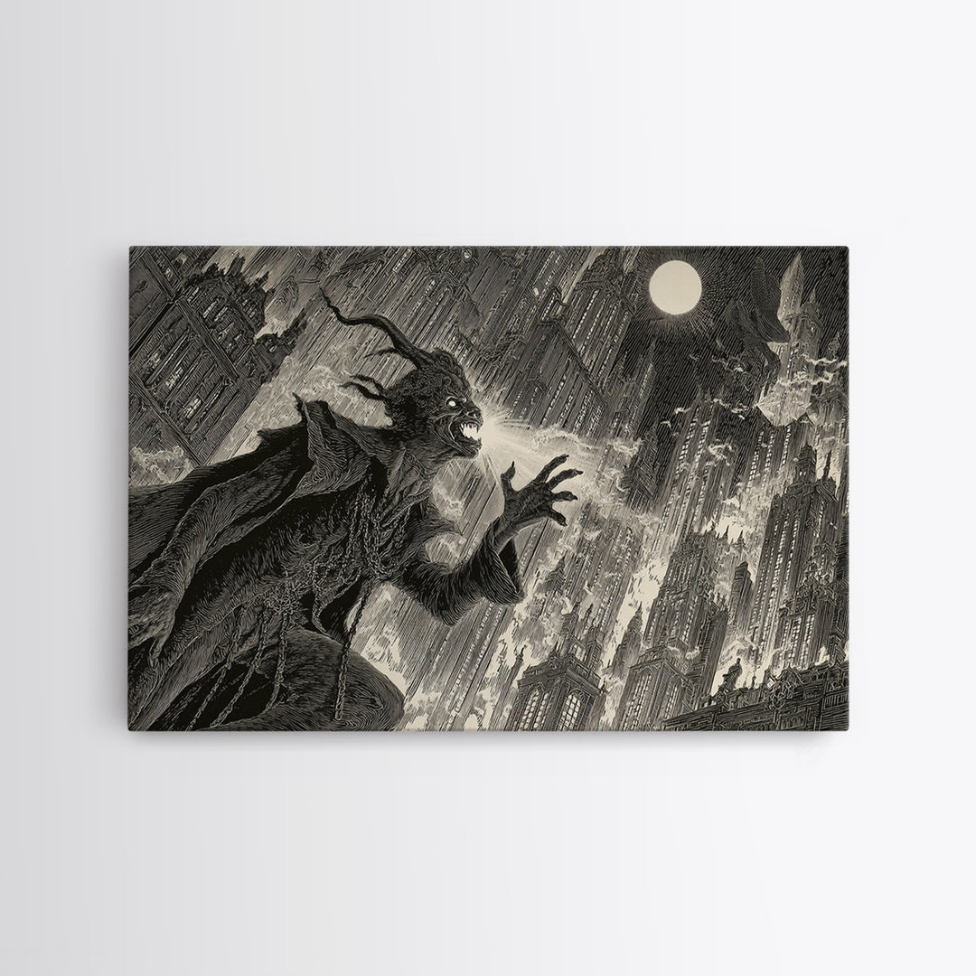 The Haunted City Skyline, Symbolist Etching Art, Landscape Wall Art, Dark Halloween Decor, Canvas Print, Halloween Wall Art