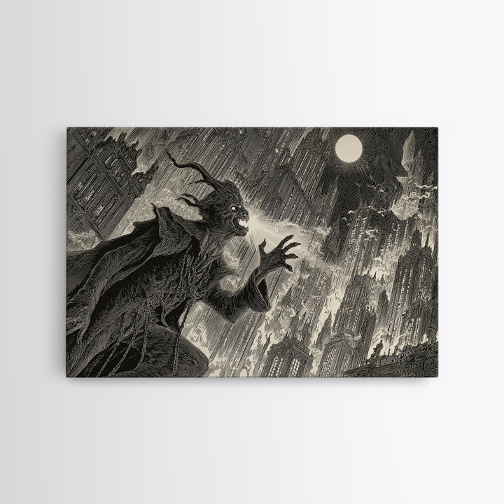 The Haunted City Skyline, Symbolist Etching Art, Landscape Wall Art, Dark Halloween Decor, Canvas Print, Halloween Wall Art