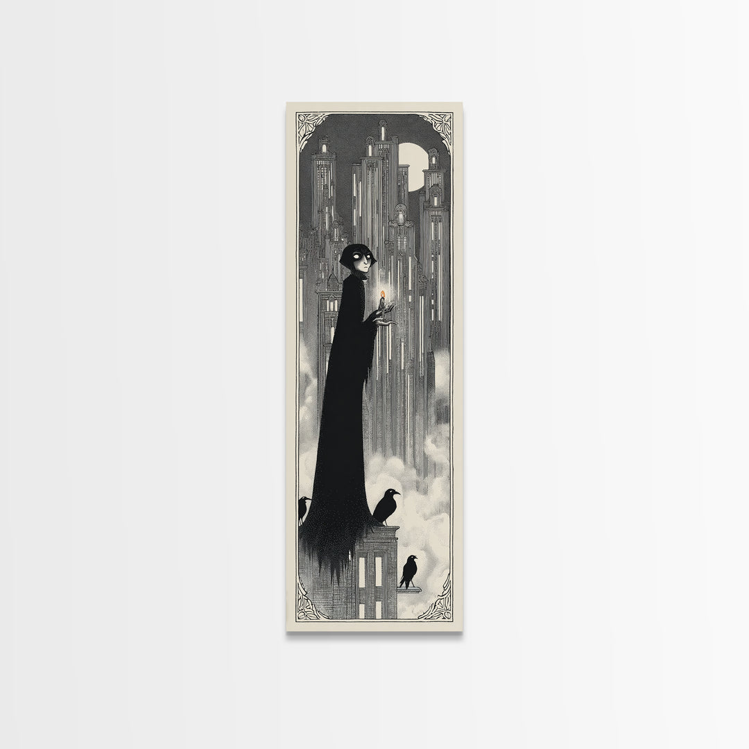 The Haunted City Skyline, Decadent Line Art, Tall Narrow Wall Art, Macabre Wall Art, Framed Canvas Print, Halloween Wall Art